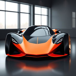 A digital rendering of a futuristic sports car centered in the image