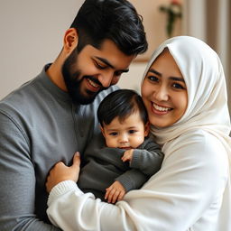 A joyful family scene featuring a handsome husband, who is a habib, gently carrying his exceptionally handsome baby boy