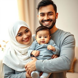 A joyful family scene featuring a handsome husband, who is a habib, gently carrying his exceptionally handsome baby boy