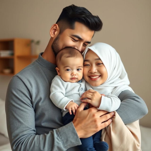 A joyful family scene featuring a handsome husband, who is a habib, gently carrying his exceptionally handsome baby boy