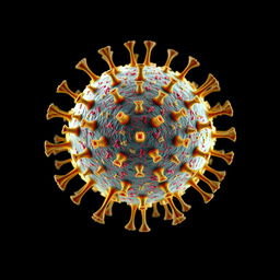 An intricate, detailed illustration of the dengue fever virus, showcasing its distinctive features including the spherical shape, spikes on the surface, and vibrant color scheme