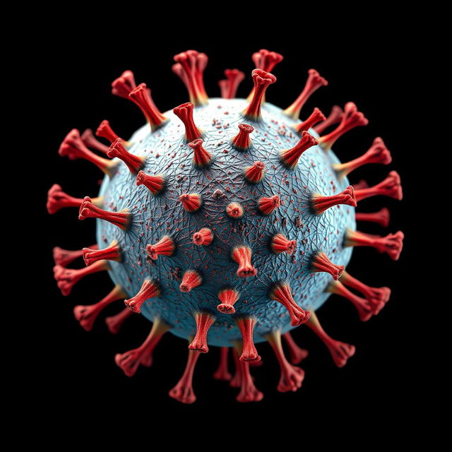 An intricate, detailed illustration of the dengue fever virus, showcasing its distinctive features including the spherical shape, spikes on the surface, and vibrant color scheme