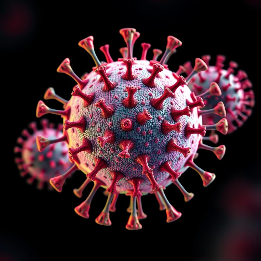 An intricate, detailed illustration of the dengue fever virus, showcasing its distinctive features including the spherical shape, spikes on the surface, and vibrant color scheme