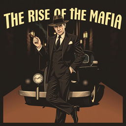 A vintage-style poster depicting a classic Mafia theme, featuring a well-dressed gangster in a sleek black suit and fedora hat