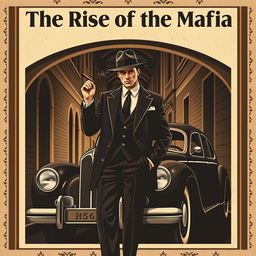 A vintage-style poster depicting a classic Mafia theme, featuring a well-dressed gangster in a sleek black suit and fedora hat