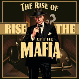 A vintage-style poster depicting a classic Mafia theme, featuring a well-dressed gangster in a sleek black suit and fedora hat