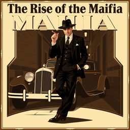 A vintage-style poster depicting a classic Mafia theme, featuring a well-dressed gangster in a sleek black suit and fedora hat