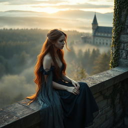 A sad medieval fantasy princess, sitting alone on a stone castle balcony, gazing out at a misty forest