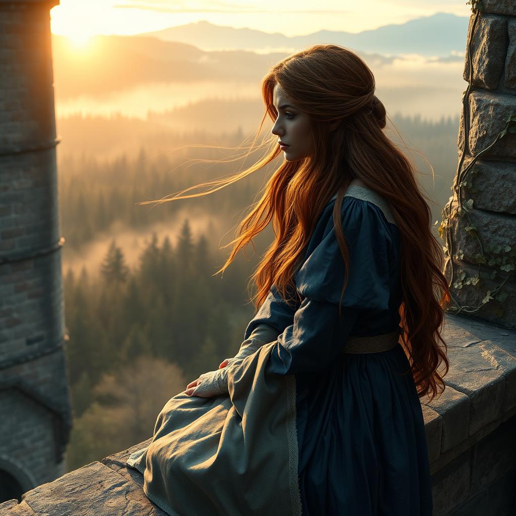 A sad medieval fantasy princess, sitting alone on a stone castle balcony, gazing out at a misty forest