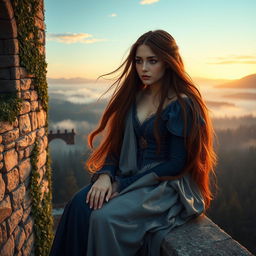 A sad medieval fantasy princess, sitting alone on a stone castle balcony, gazing out at a misty forest