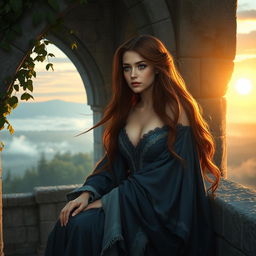 A sad medieval fantasy princess, sitting alone on a stone castle balcony, gazing out at a misty forest