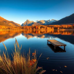 A serene landscape featuring a tranquil lake reflecting the vibrant colors of autumn foliage, surrounded by majestic mountains under a clear blue sky