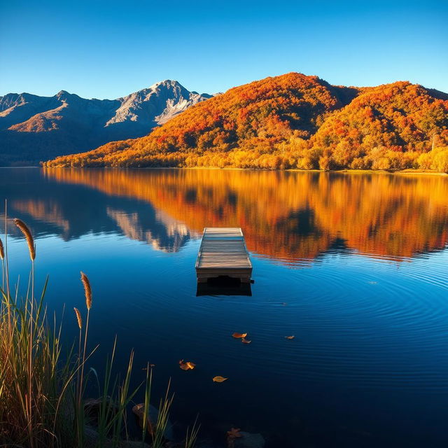 A serene landscape featuring a tranquil lake reflecting the vibrant colors of autumn foliage, surrounded by majestic mountains under a clear blue sky