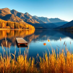 A serene landscape featuring a tranquil lake reflecting the vibrant colors of autumn foliage, surrounded by majestic mountains under a clear blue sky