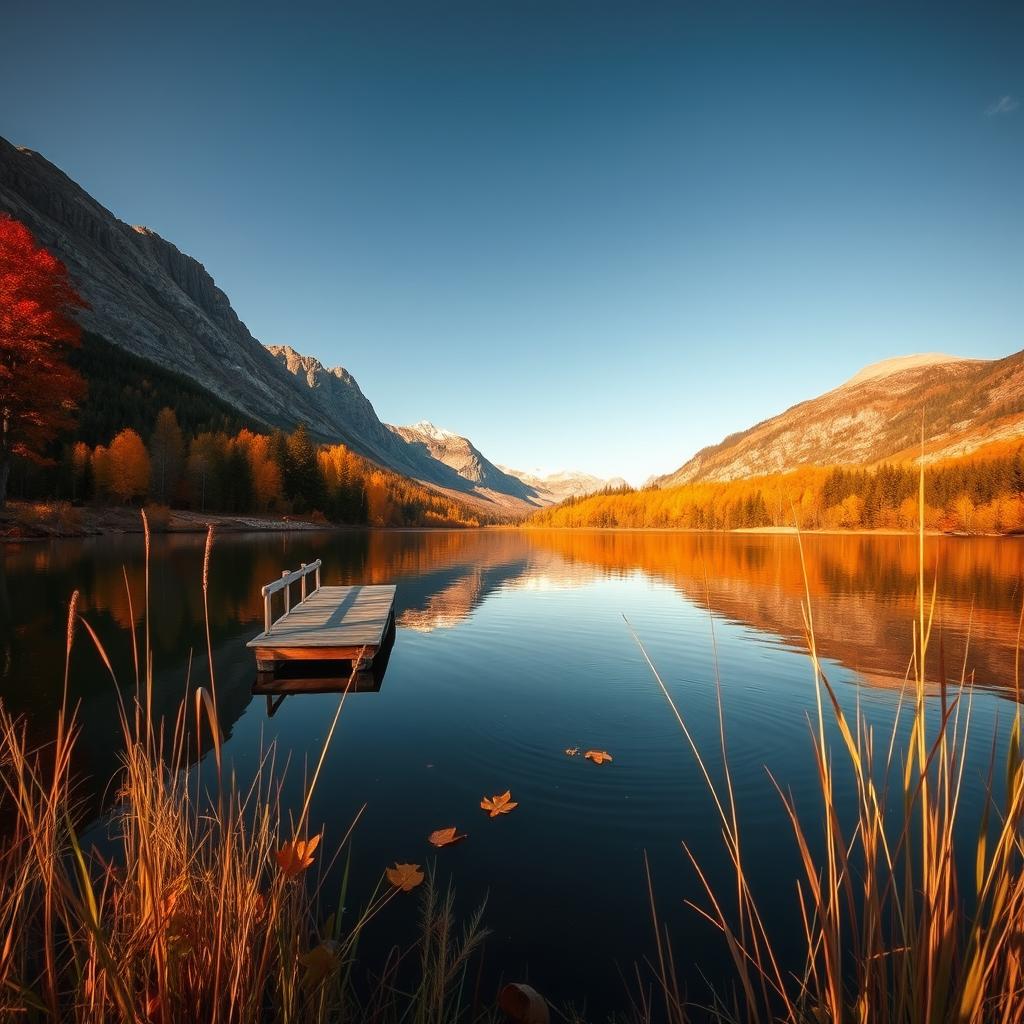 A serene landscape featuring a tranquil lake reflecting the vibrant colors of autumn foliage, surrounded by majestic mountains under a clear blue sky