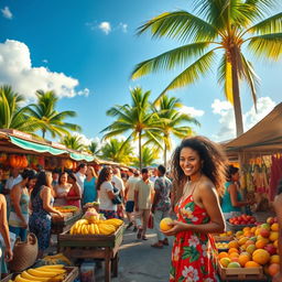 A vibrant, bustling market scene in a stunning tropical location