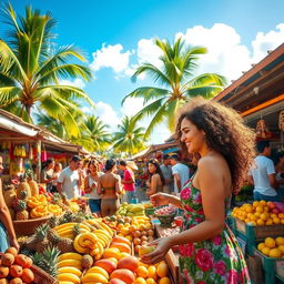 A vibrant, bustling market scene in a stunning tropical location