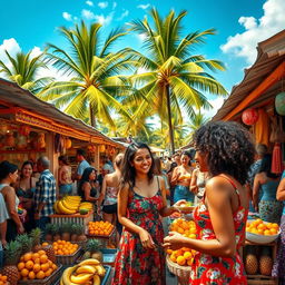 A vibrant, bustling market scene in a stunning tropical location