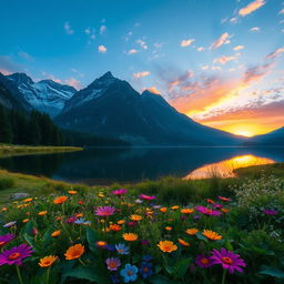 A stunning landscape portrait of a serene mountain lake at sunrise, reflecting the vibrant colors of the sky in the still water