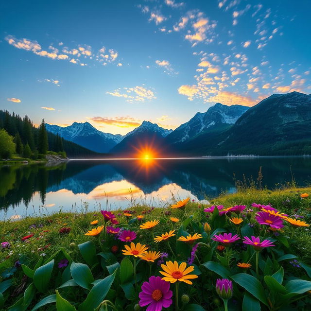 A stunning landscape portrait of a serene mountain lake at sunrise, reflecting the vibrant colors of the sky in the still water