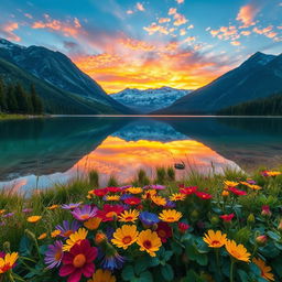 A stunning landscape portrait of a serene mountain lake at sunrise, reflecting the vibrant colors of the sky in the still water
