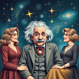 A vibrant and imaginative scene depicting Albert Einstein surrounded by three charming women, each representing different eras and styles