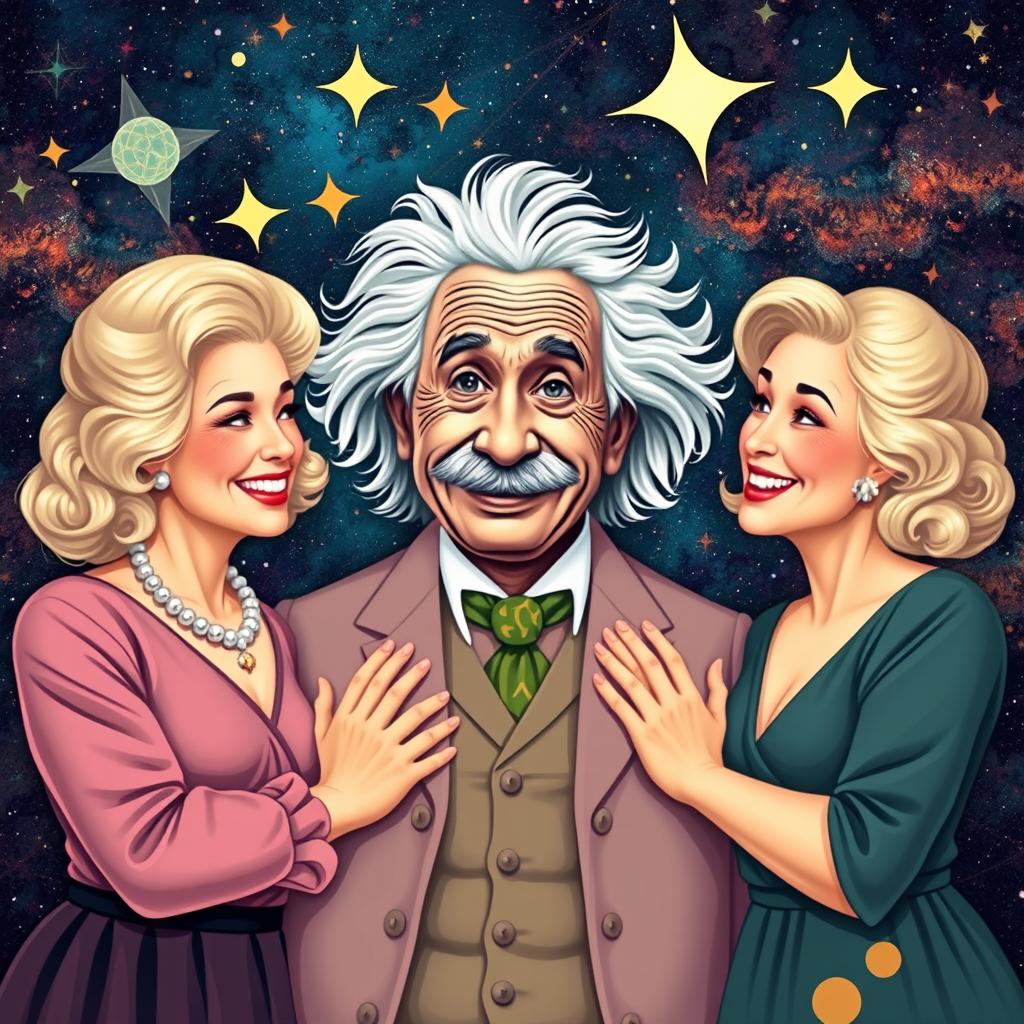 A vibrant and imaginative scene depicting Albert Einstein surrounded by three charming women, each representing different eras and styles