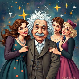 A vibrant and imaginative scene depicting Albert Einstein surrounded by three charming women, each representing different eras and styles