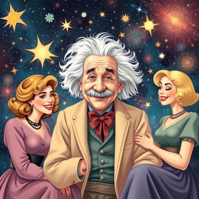 A vibrant and imaginative scene depicting Albert Einstein surrounded by three charming women, each representing different eras and styles