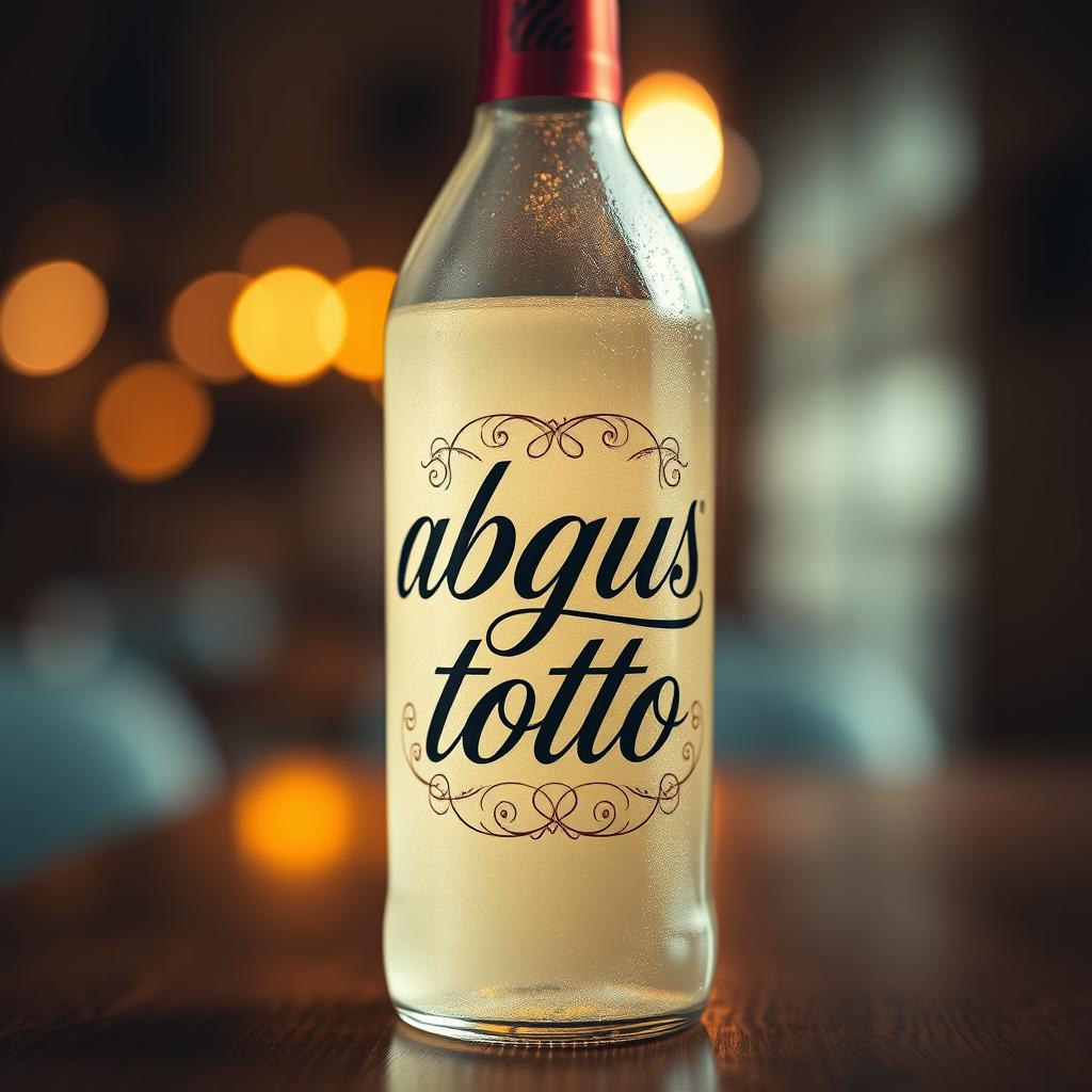 A bottle of drink with a sleek design, prominently featuring a label with the elegant script 'abgus toto'