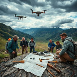 A group of modern explorers and archaeologists actively searching an ancient Mongolian valley