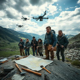 A group of modern explorers and archaeologists actively searching an ancient Mongolian valley