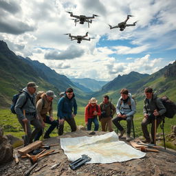 A group of modern explorers and archaeologists actively searching an ancient Mongolian valley