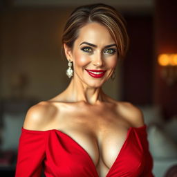 A stunning 50-year-old woman dressed in an elegant red outfit that accentuates her décolletage