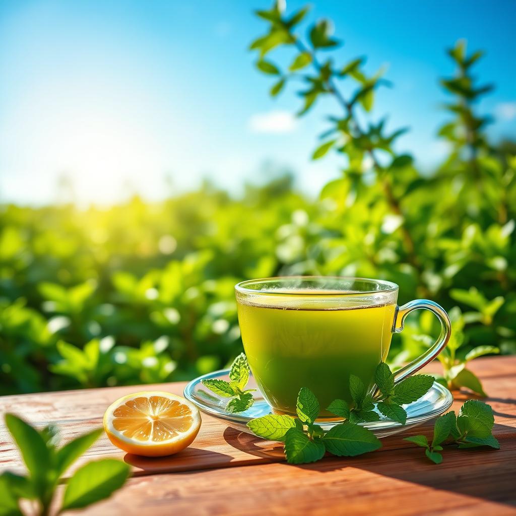 A serene and inviting tea garden, adorned with vibrant green tea plants under a clear blue sky