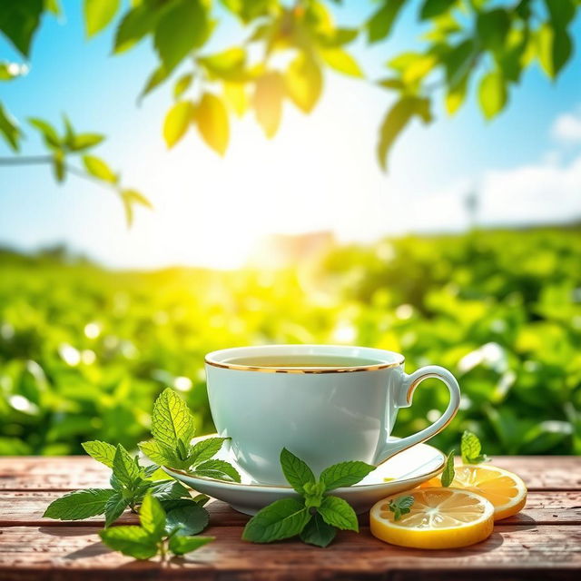 A serene and inviting tea garden, adorned with vibrant green tea plants under a clear blue sky