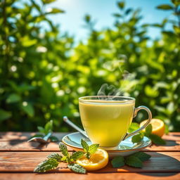 A serene and inviting tea garden, adorned with vibrant green tea plants under a clear blue sky