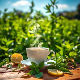 A serene and inviting tea garden, adorned with vibrant green tea plants under a clear blue sky