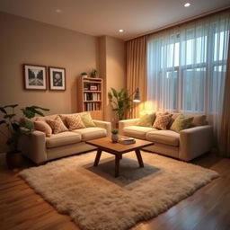 A cozy, 300 square feet room featuring soft ambient lighting, a comfortable sofa adorned with colorful cushions, and a wooden coffee table in the center