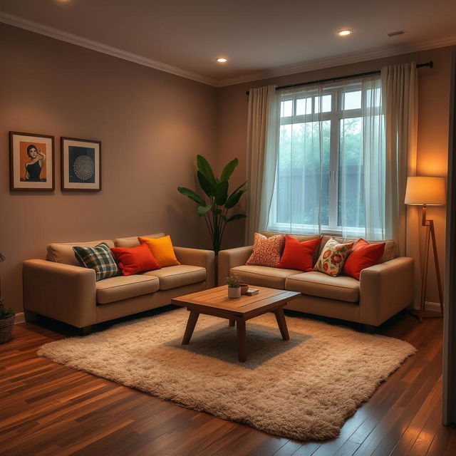 A cozy, 300 square feet room featuring soft ambient lighting, a comfortable sofa adorned with colorful cushions, and a wooden coffee table in the center