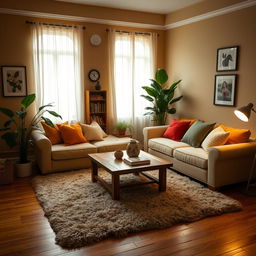 A cozy, 300 square feet room featuring soft ambient lighting, a comfortable sofa adorned with colorful cushions, and a wooden coffee table in the center