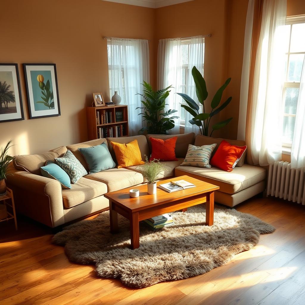 A cozy, 300 square feet room featuring soft ambient lighting, a comfortable sofa adorned with colorful cushions, and a wooden coffee table in the center