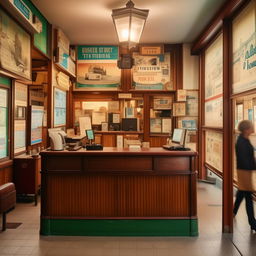 A quaint, small ticketing office nestled in a bustling cityscape. The office features an antique wooden counter, retro ticket dispenser, and walls adorned with vintage travel posters.