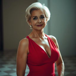 A captivating 50-year-old woman dressed in a striking red dress that showcases a plunging neckline