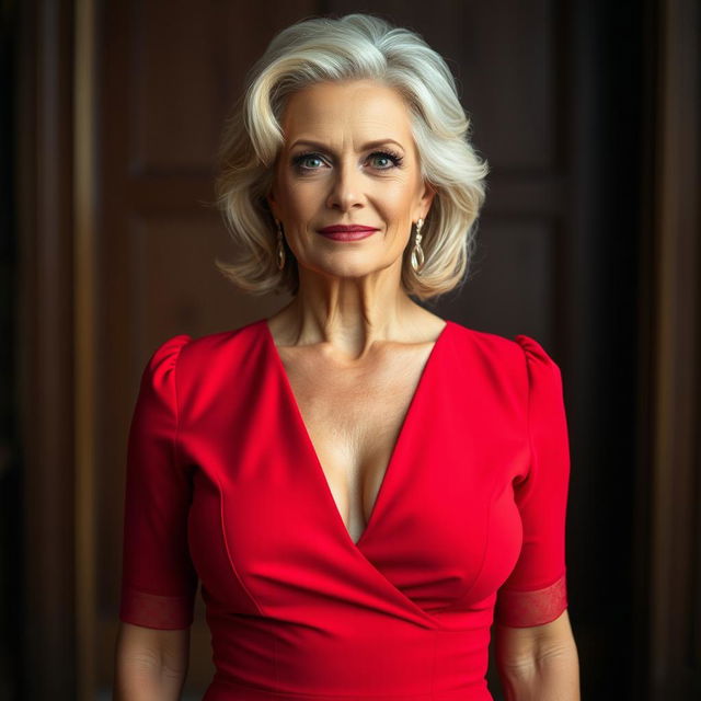 A captivating 50-year-old woman dressed in a striking red dress that showcases a plunging neckline