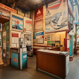 A quaint, small ticketing office nestled in a bustling cityscape. The office features an antique wooden counter, retro ticket dispenser, and walls adorned with vintage travel posters.