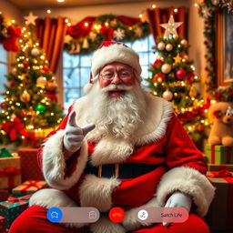 A festive video call scene featuring a jolly Santa Claus in a cozy, decorated room filled with Christmas decorations