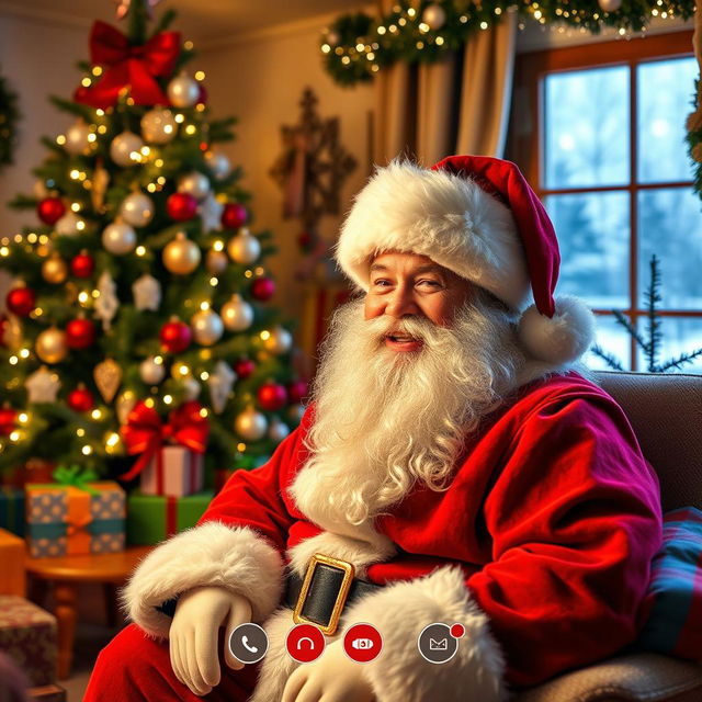 A festive video call scene featuring a jolly Santa Claus in a cozy, decorated room filled with Christmas decorations