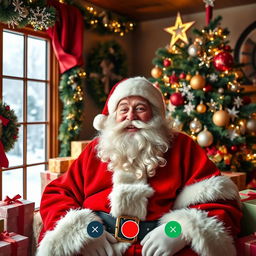 A festive video call scene featuring a jolly Santa Claus in a cozy, decorated room filled with Christmas decorations