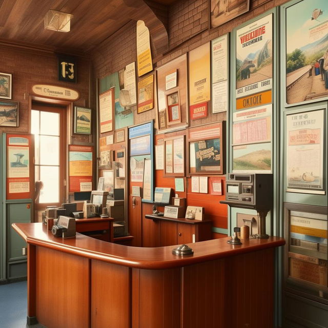 A quaint, small ticketing office nestled in a bustling cityscape. The office features an antique wooden counter, retro ticket dispenser, and walls adorned with vintage travel posters.